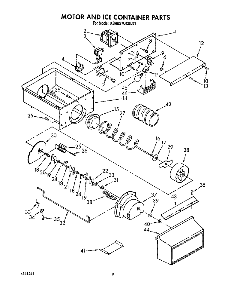 MOTOR AND ICE CONTAINER Diagram and Parts List for KSRB27QXBL01  KitchenAid Refrigerator