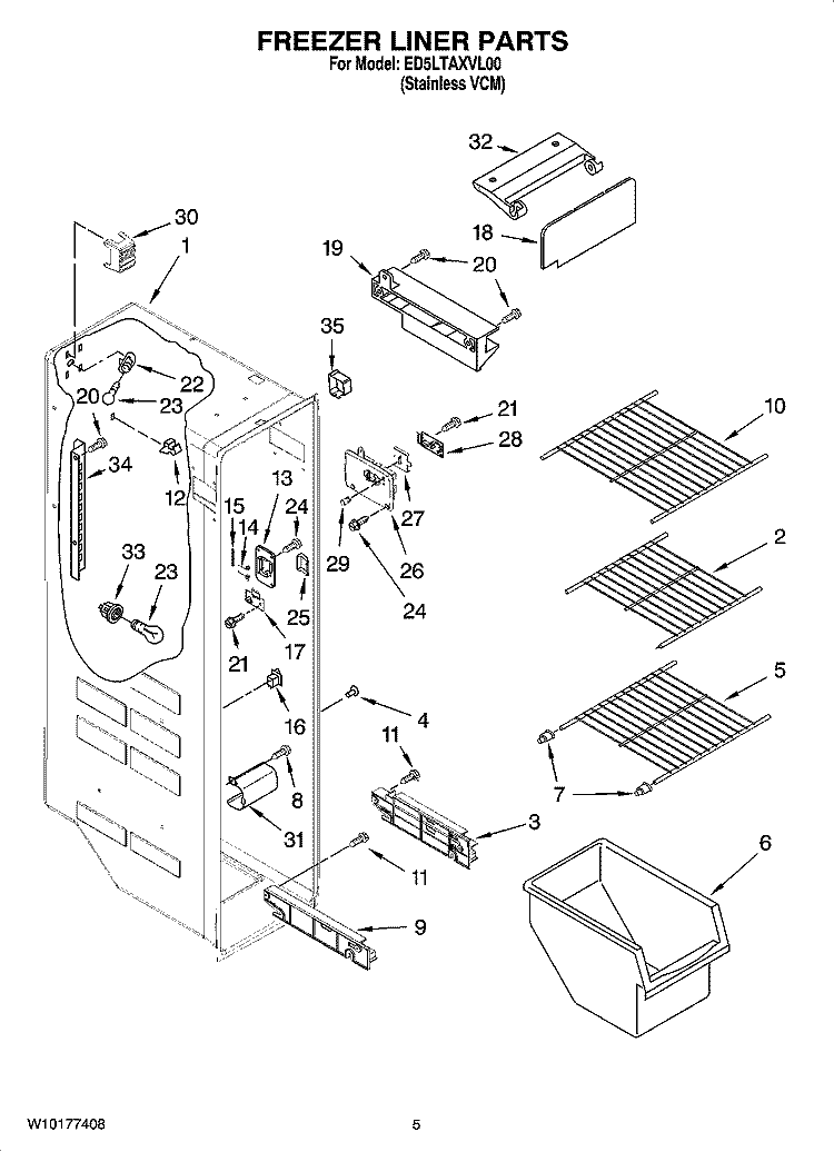 FREEZER LINER PARTS Diagram and Parts List for ED5LTAXVL00  Whirlpool Refrigerator