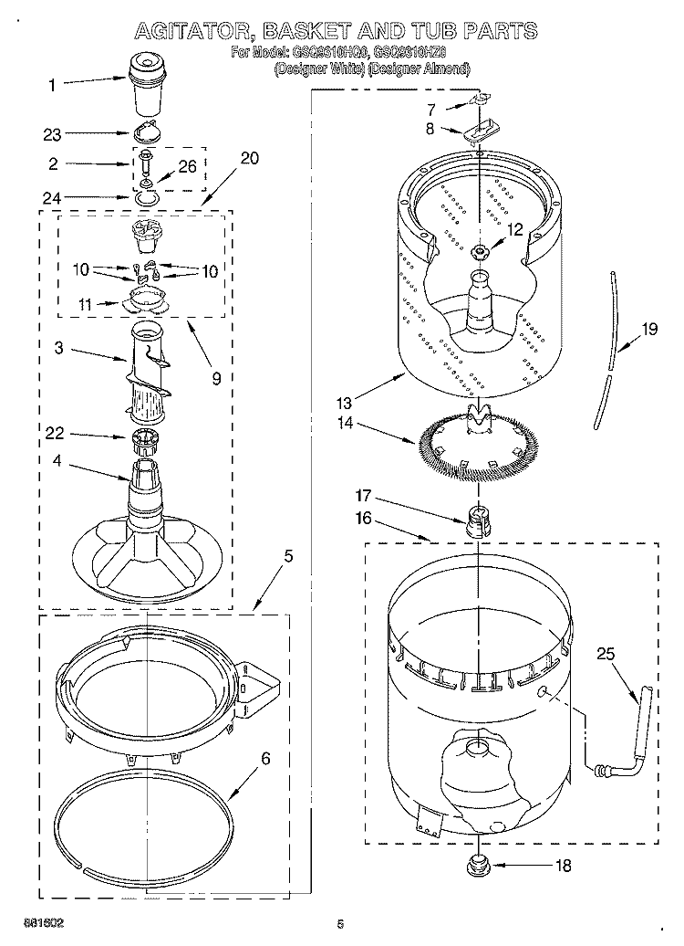 AGITATOR, BASKET AND TUB Diagram and Parts List for GSQ9310HQ0  Whirlpool Washer