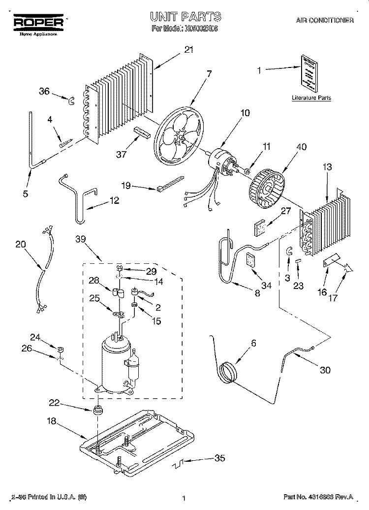UNIT, LITERATURE Diagram and Parts List for X05002X06  Roper Air Conditioner