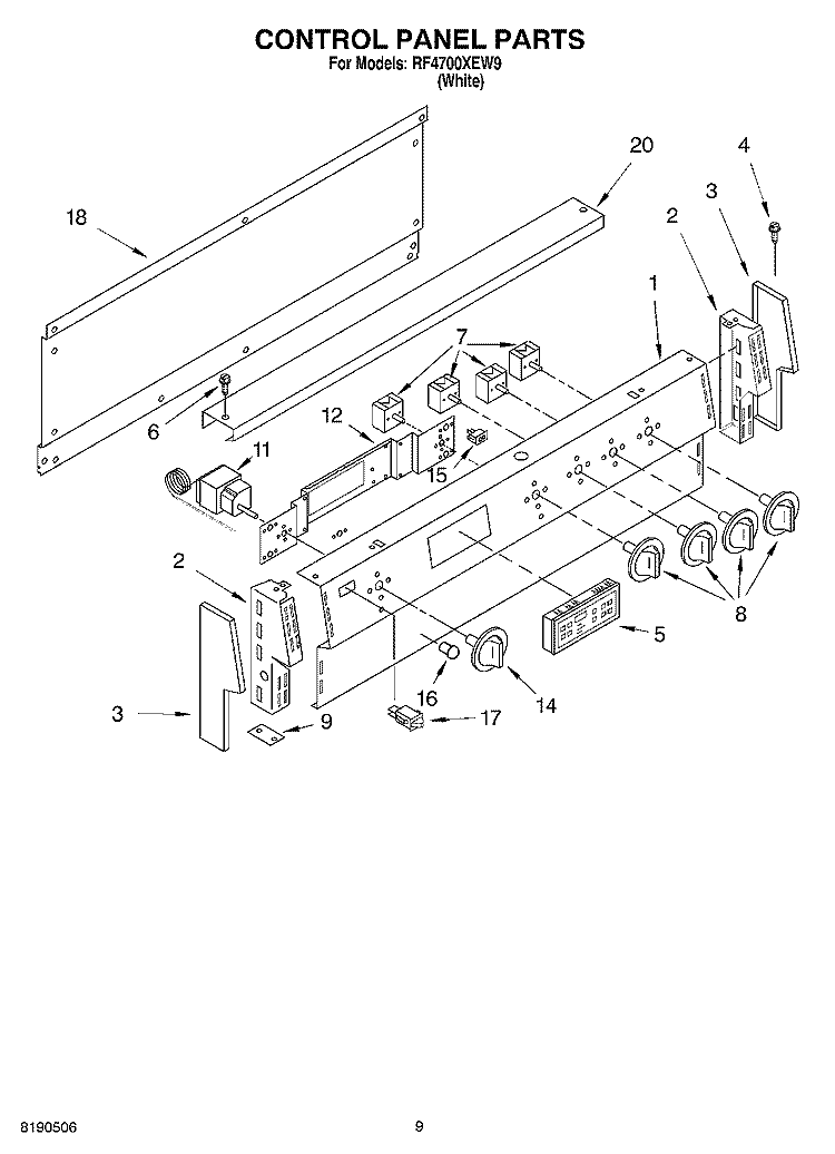 CONTROL PANEL PARTS, OPTIONAL PARTS Diagram and Parts List for RF4700XEW9  Whirlpool Range