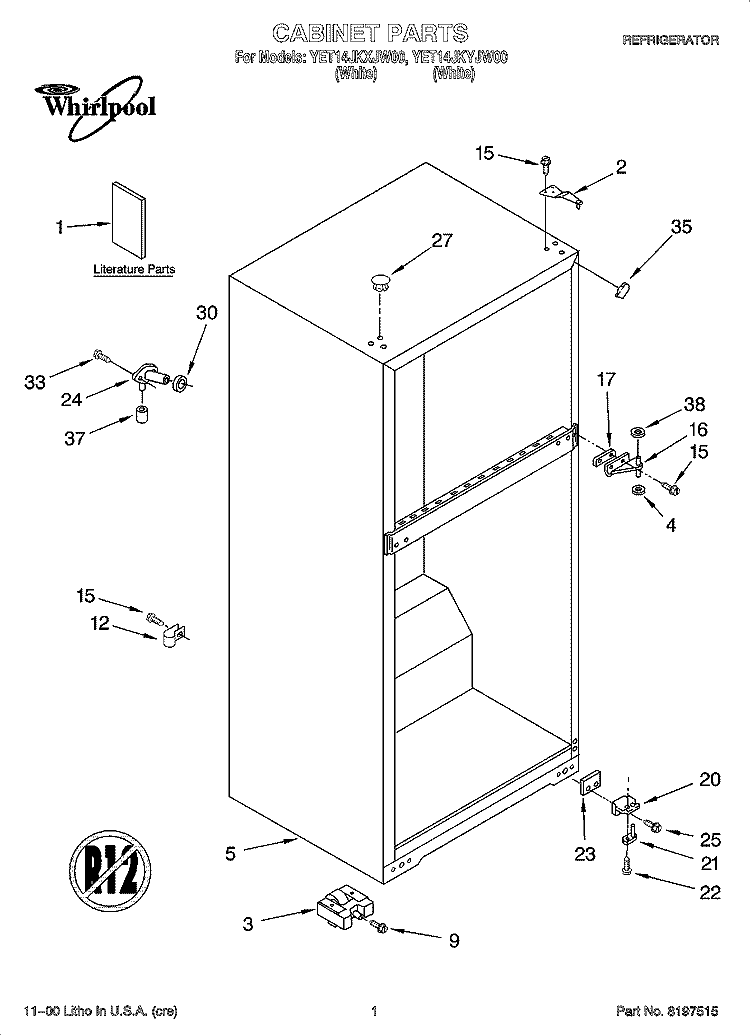 CABINET PARTS Diagram and Parts List for YET14JKYJW00  Whirlpool Refrigerator