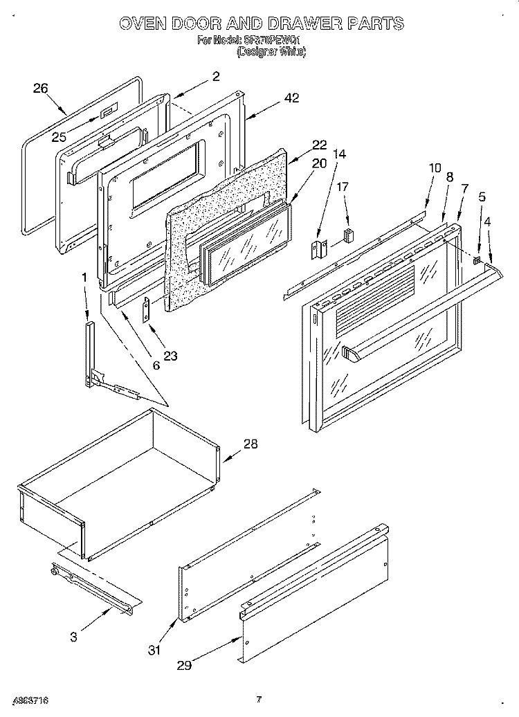 OVEN DOOR AND DRAWER Diagram and Parts List for SF370PEWQ1  Whirlpool Range