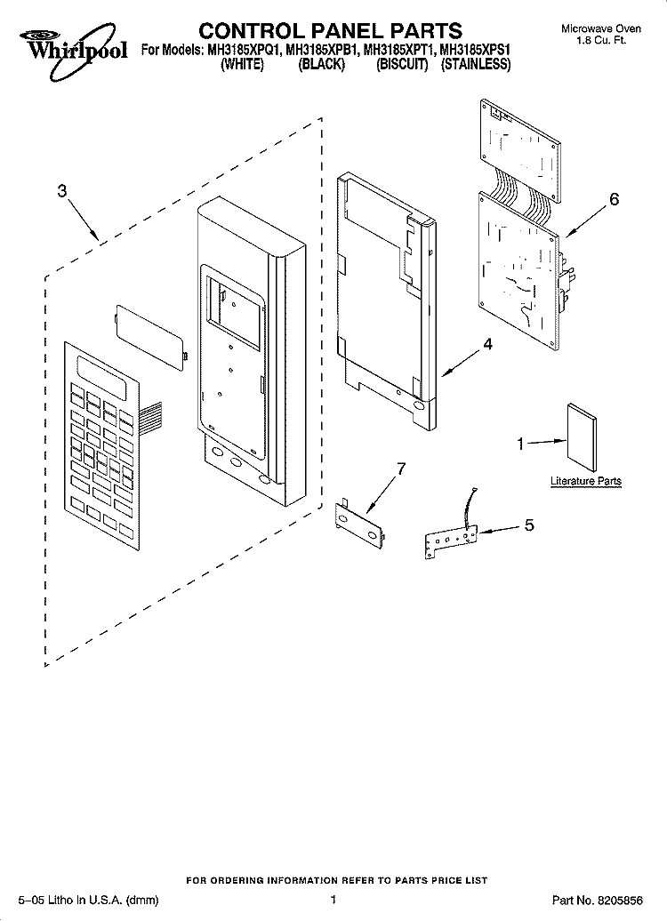 CONTROL PANEL PARTS Diagram and Parts List for MH3185XPS1  Whirlpool Microwave