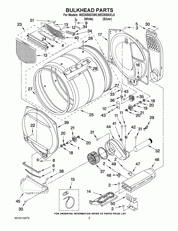 BULKHEAD PARTS Diagram and Parts List for WED5500XL0  Whirlpool Dryer