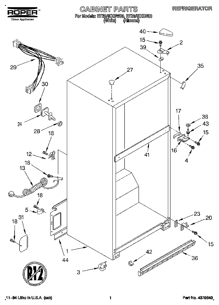 CABINET Diagram and Parts List for RT20AKXDN00  Roper Refrigerator