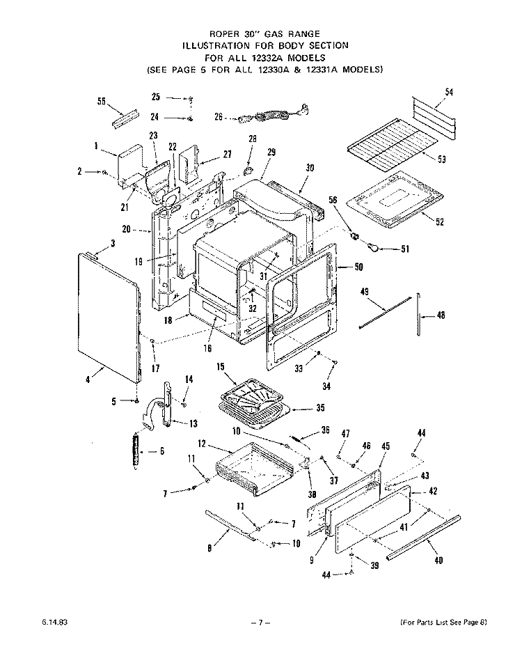 OVEN DOOR Diagram and Parts List for 1233^1A  Whirlpool Range