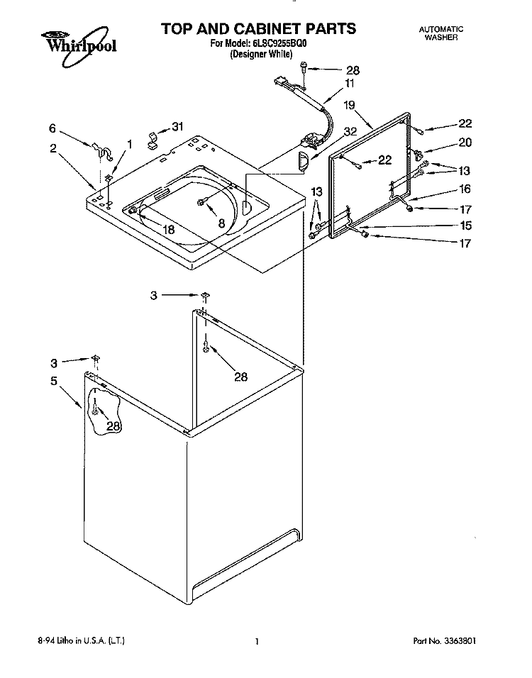 TOP AND CABINET, LIT/OPTIONAL Diagram and Parts List for 6LSC9255BQ0  Whirlpool Washer