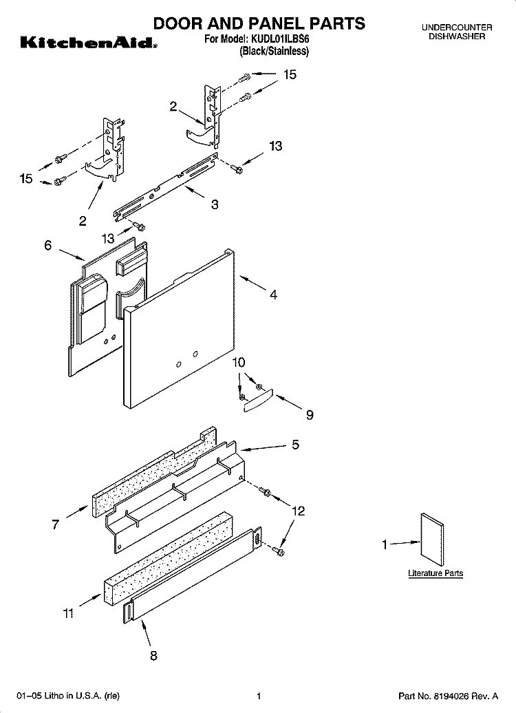 DOOR AND PANEL PARTS Diagram and Parts List for KUDL01ILBS6  KitchenAid Dishwasher