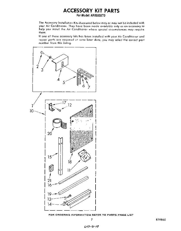 ACCESSORY KIT Diagram and Parts List for AR0500XT0  Whirlpool Air Conditioner