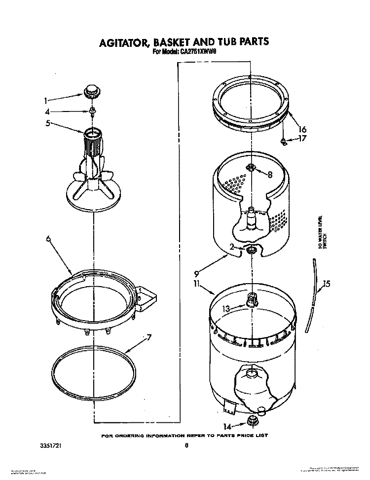 AGITATOR, BASKET AND TUB Diagram and Parts List for CA2751XWW0  Whirlpool Washer