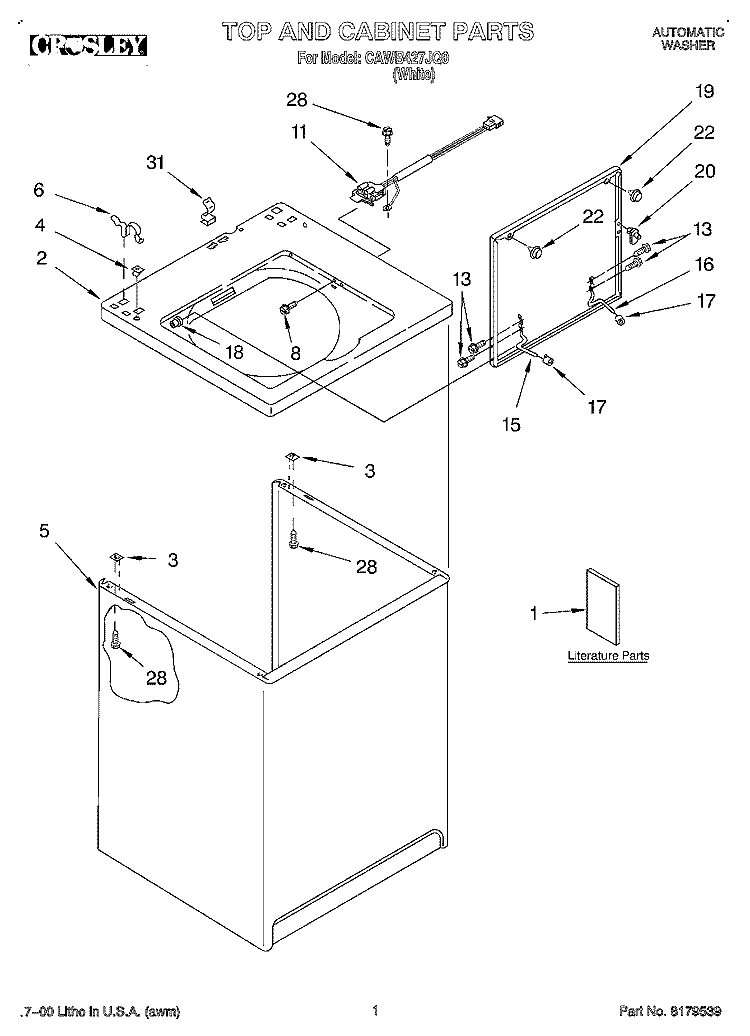 TOP AND CABINET, LITERATURE Diagram and Parts List for CAWB427JQ0  Crosley Washer