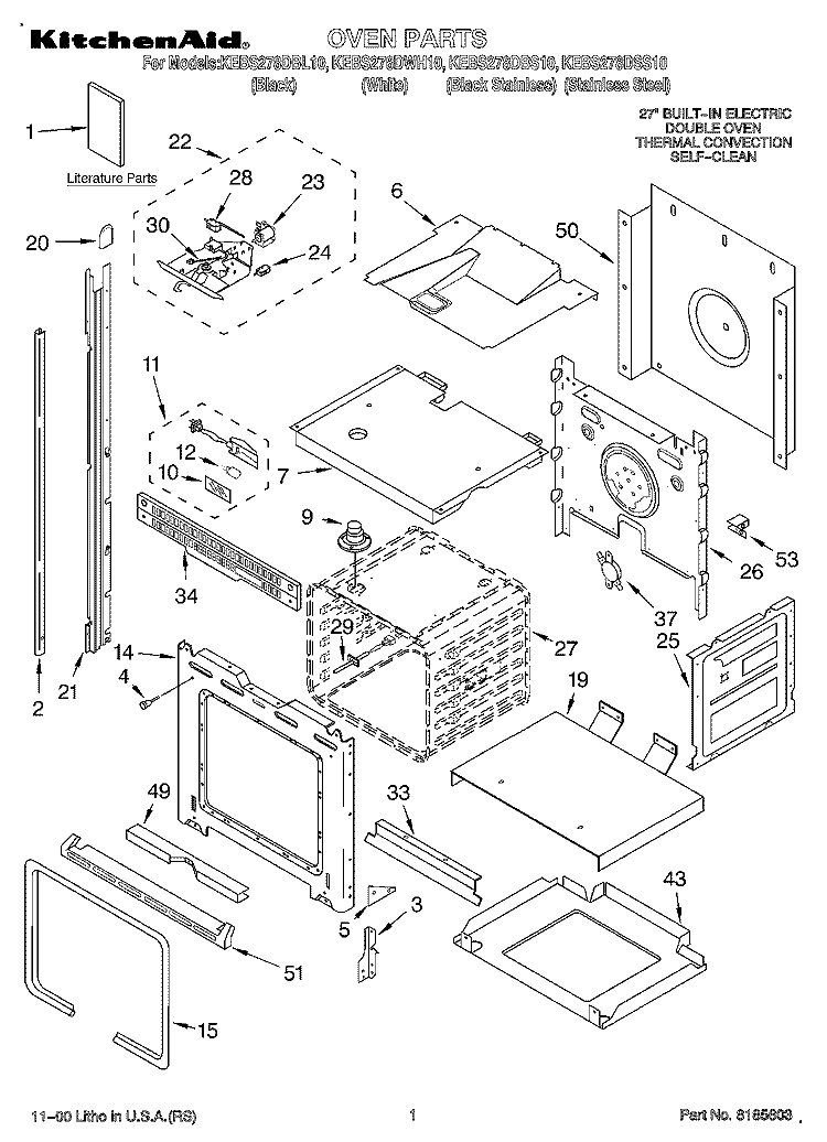 OVEN Diagram and Parts List for KEBS278DBS10  KitchenAid Wall Oven