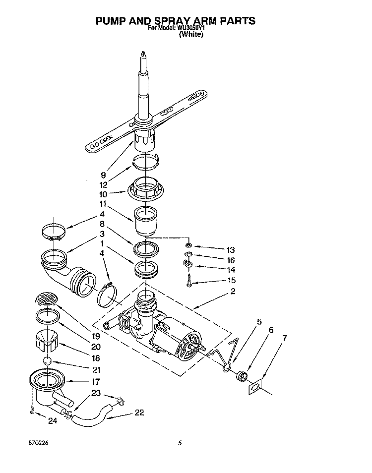 PUMP AND SPRAY ARM Diagram and Parts List for WU3050Y1  Roper Dishwasher