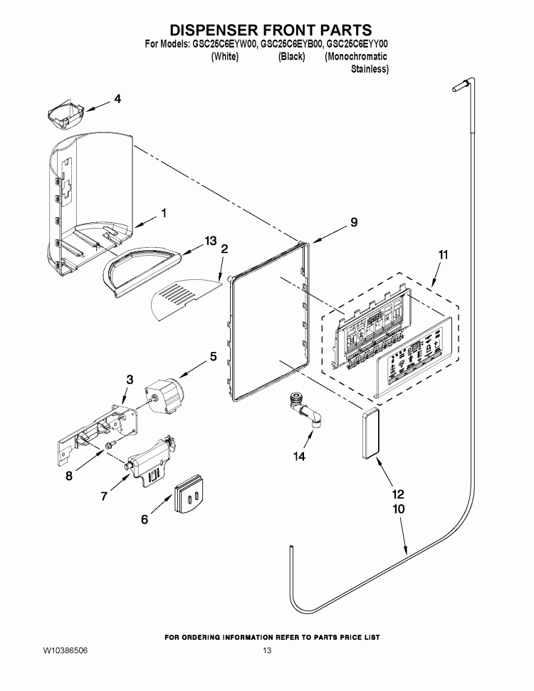 DISPENSER FRONT PARTS Diagram and Parts List for GSC25C6EYY00  Whirlpool Refrigerator