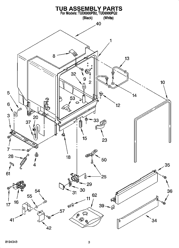 TUB ASSEMBLY PARTS Diagram and Parts List for TUD6900PB2  Estate Dishwasher