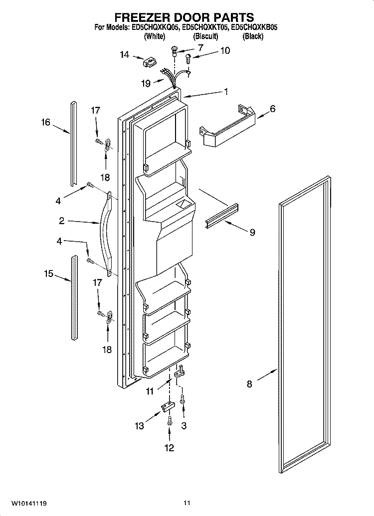 FREEZER DOOR PARTS Diagram and Parts List for ED5CHQXKQ05  Whirlpool Refrigerator