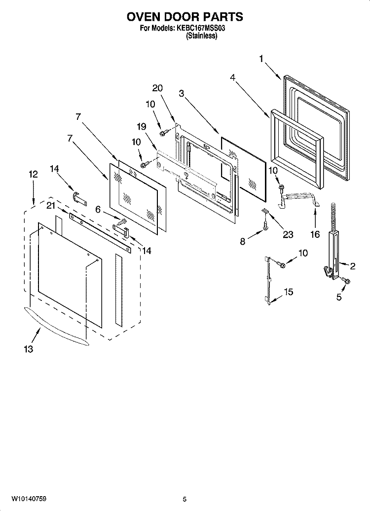 OVEN DOOR PARTS Diagram and Parts List for KEBC167MSS03  KitchenAid Wall Oven