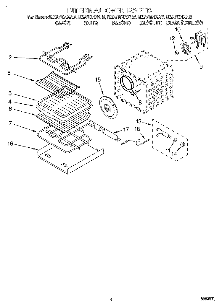 INTERNAL OVEN Diagram and Parts List for KEBS107DBS6  KitchenAid Wall Oven