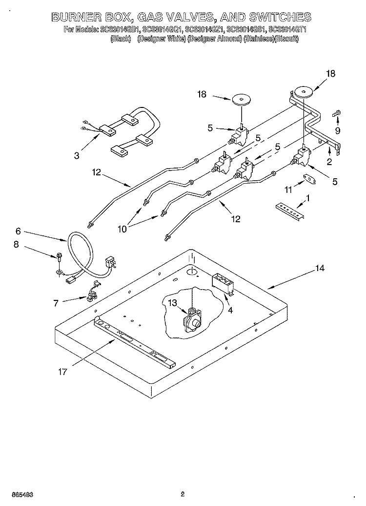BURNER BOX, GAS VALVES, AND SWITCHES Diagram and Parts List for SCS3014GQ1  Whirlpool Cooktop