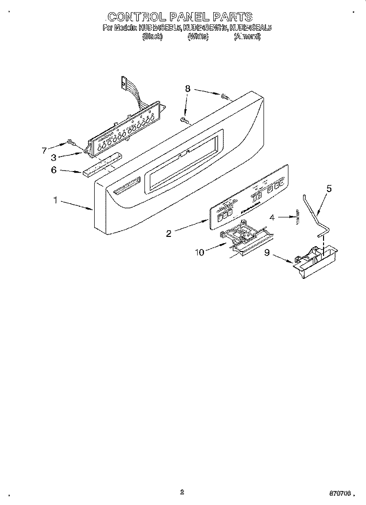 CONTROL PANEL Diagram and Parts List for KUDI24SEWH5  KitchenAid Dishwasher