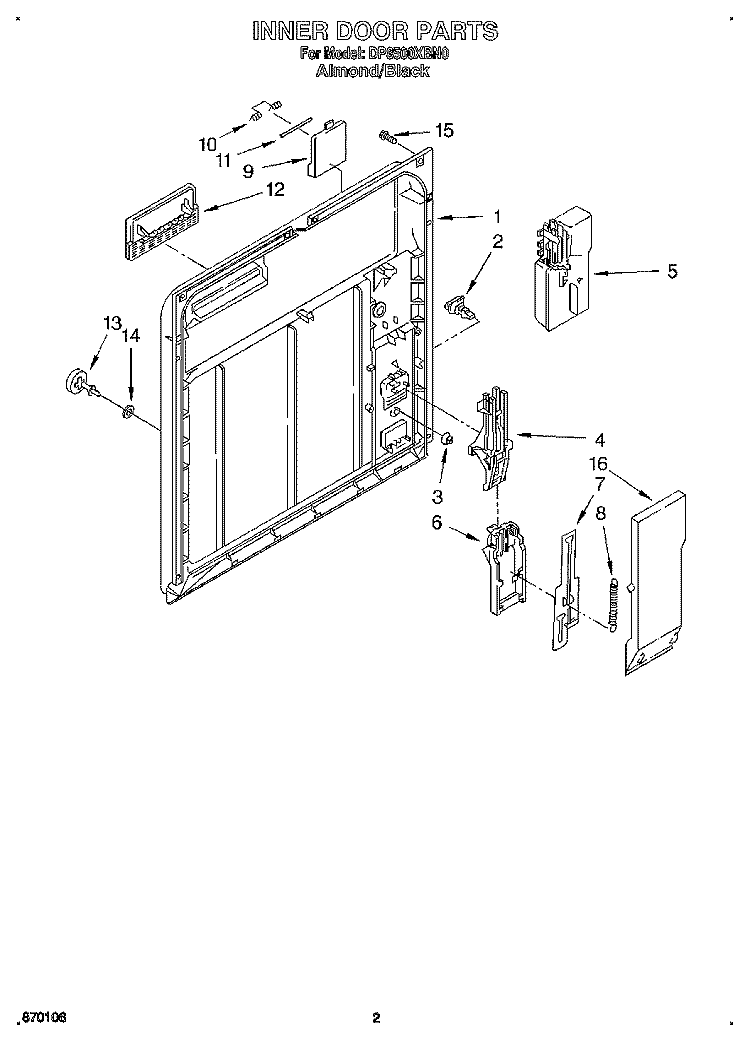 INNER DOOR Diagram and Parts List for DP8500XBN0  Whirlpool Dishwasher
