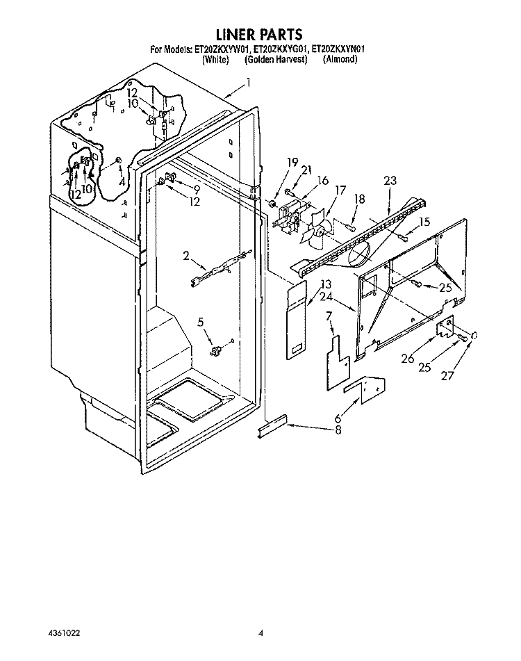 LINER Diagram and Parts List for ET20ZKXYG01  Whirlpool Refrigerator