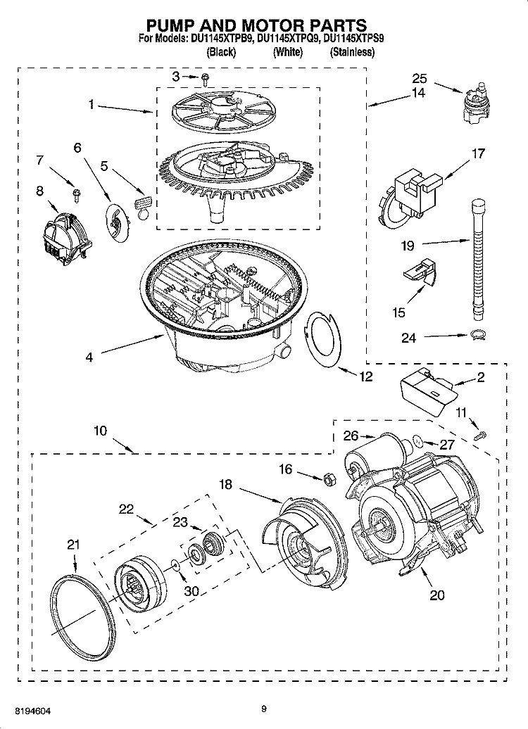 PUMP AND MOTOR PARTS Diagram and Parts List for DU1145XTPQ9  Whirlpool Dishwasher