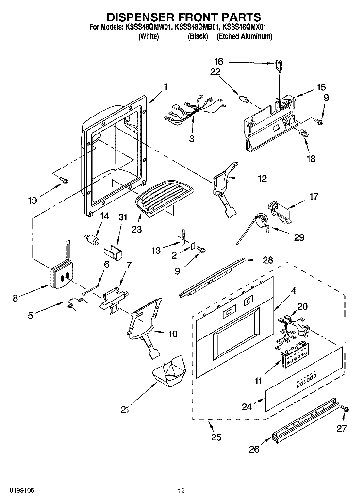 DISPENSER AND FRONT PARTS Diagram and Parts List for KSSS48QMW01  KitchenAid Refrigerator