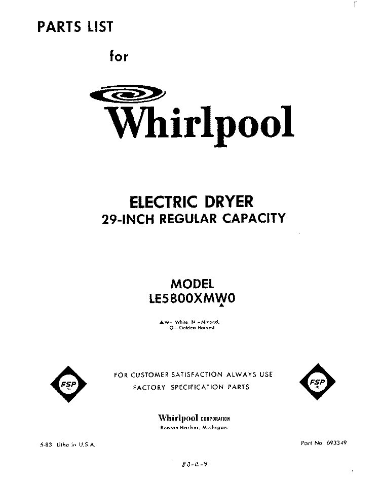 SECTION Diagram and Parts List for LE5800XMW0  Whirlpool Dryer