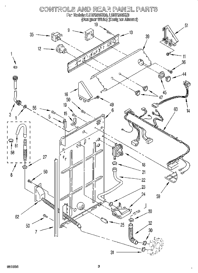CONTROLS AND REAR PANEL Diagram and Parts List for LSR7233HZ0  Whirlpool Washer
