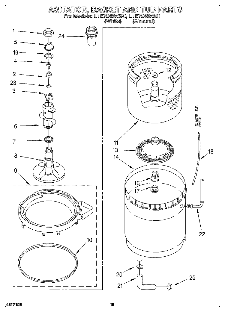 AGITATOR, BASKET AND TUB Diagram and Parts List for LTE7245AN0  Whirlpool Washer Dryer Combo