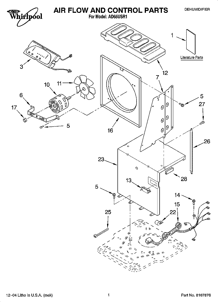 AIR FLOW AND CONTROL PARTS Diagram and Parts List for AD65USR1  Whirlpool Dehumidifier