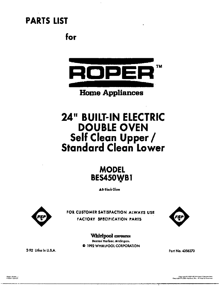 COVER Diagram and Parts List for BES450WB1  Roper Range