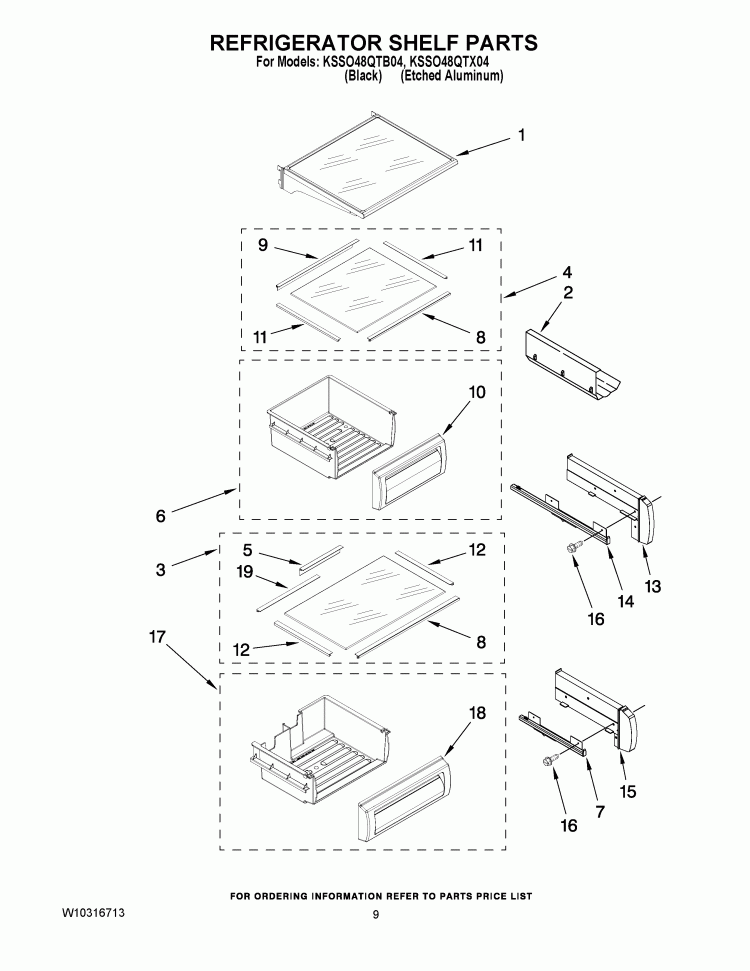 REFRIGERATOR SHELF PARTS Diagram and Parts List for KSSO48QTB04  KitchenAid Refrigerator