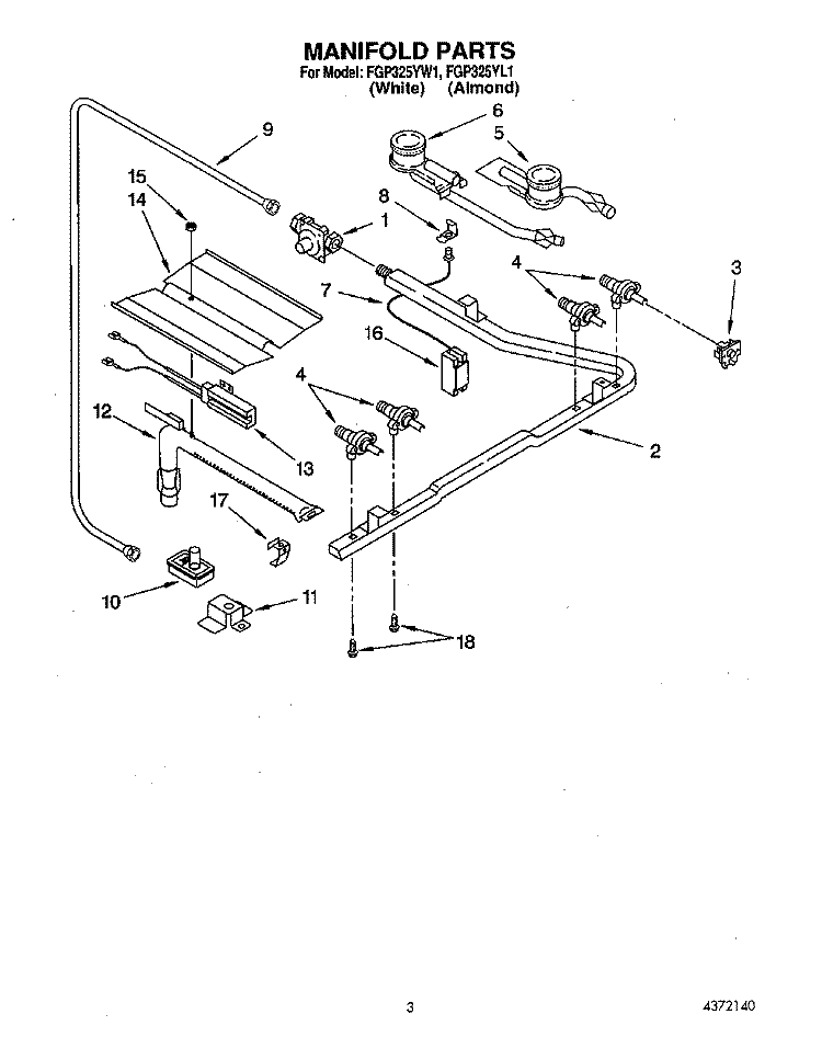 MANIFOLD Diagram and Parts List for FGP325YW1  Roper Range