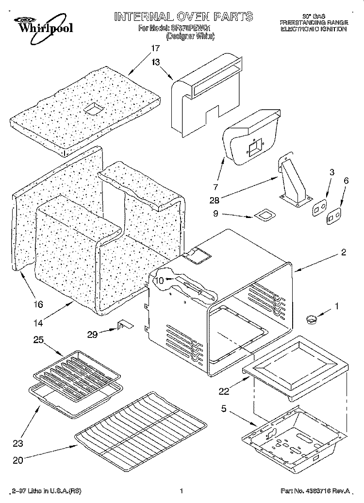 INTERNAL OVEN Diagram and Parts List for SF370PEWQ1  Whirlpool Range