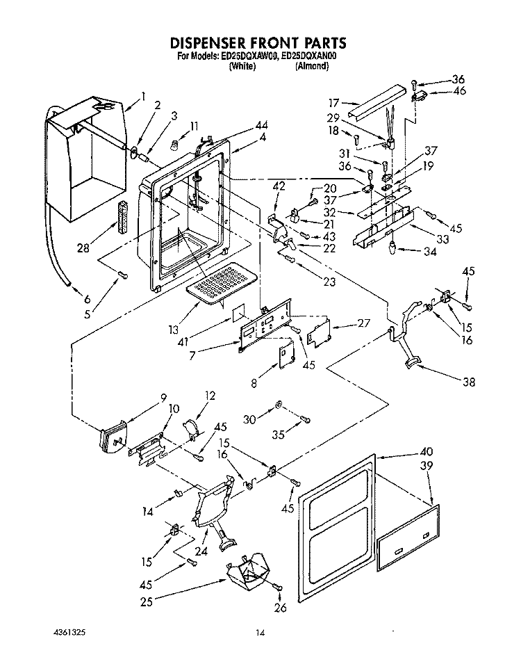 DISPENSER FRONT Diagram and Parts List for ED25DQXAW00  Whirlpool Refrigerator