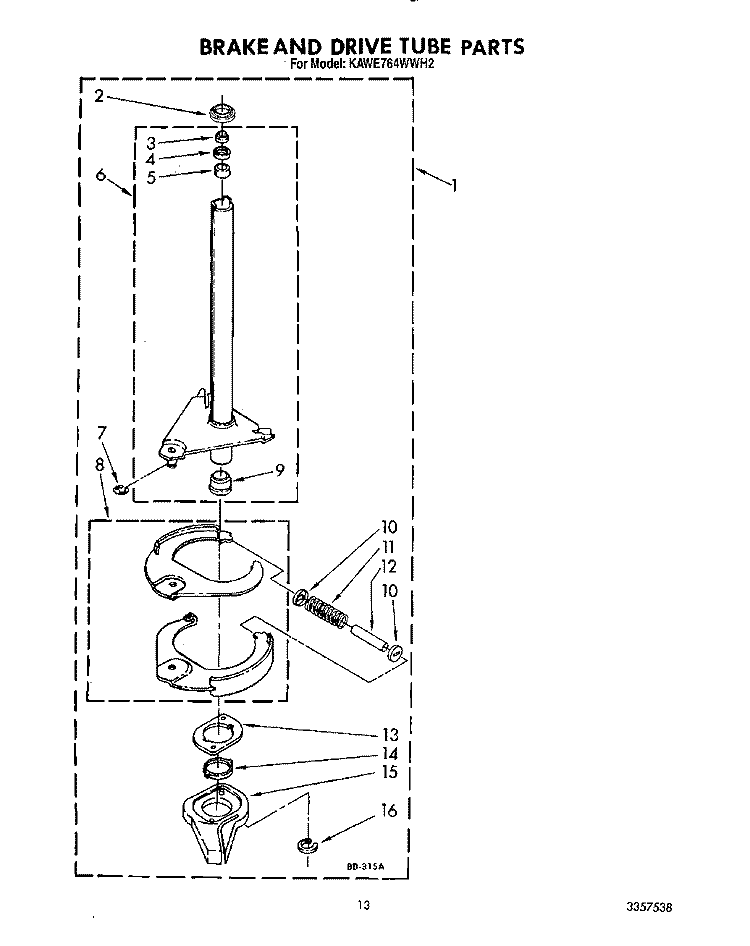 BRAKE AND DRIVE TUBE Diagram and Parts List for KAWE764WAL2  KitchenAid Washer