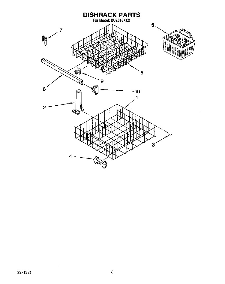DISHRACK Diagram and Parts List for DU8016XX2  Whirlpool Dishwasher