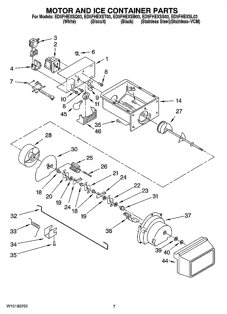MOTOR AND ICE CONTAINER PARTS Diagram and Parts List for ED5FHEXSB03  Whirlpool Refrigerator