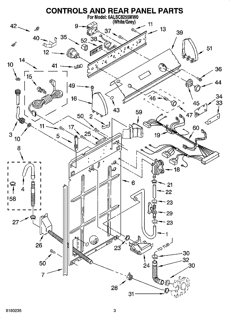 CONTROLS AND REAR PANEL PARTS Diagram and Parts List for 6ALSC8255MW0  Whirlpool Washer