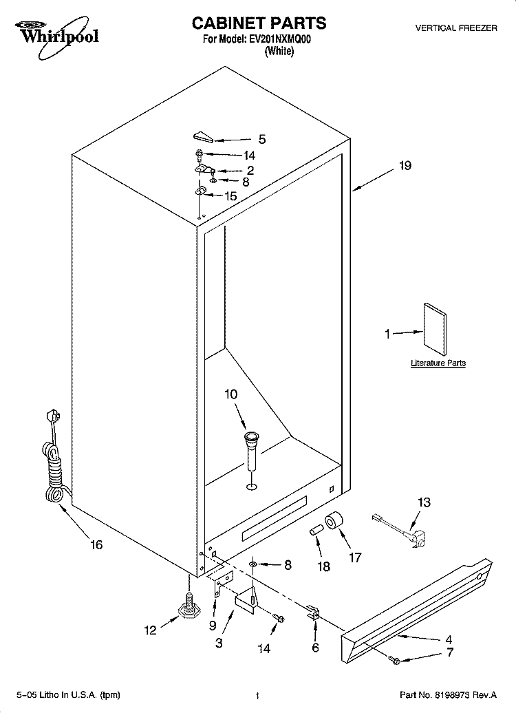 CABINET PARTS Diagram and Parts List for EV201NXMQ00  Whirlpool Freezer