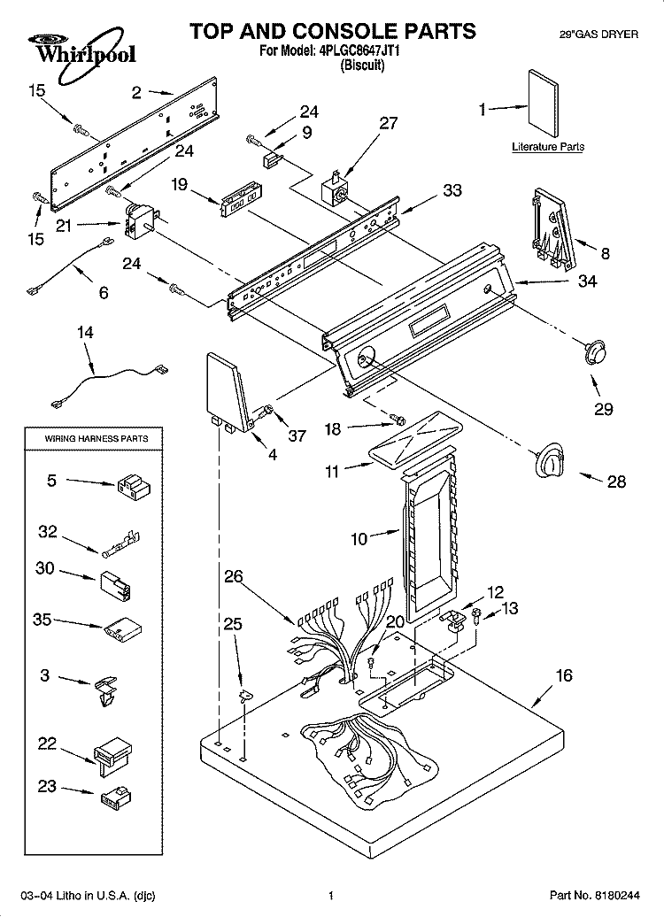 TOP AND CONSOLE PARTS Diagram and Parts List for 4PLGC8647JT1  Whirlpool Dryer