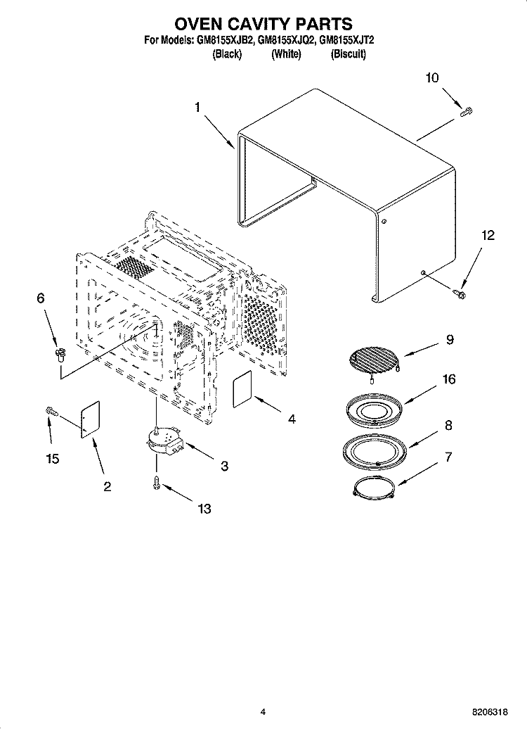 OVEN CAVITY PARTS Diagram and Parts List for GM8155XJB2  Whirlpool Microwave