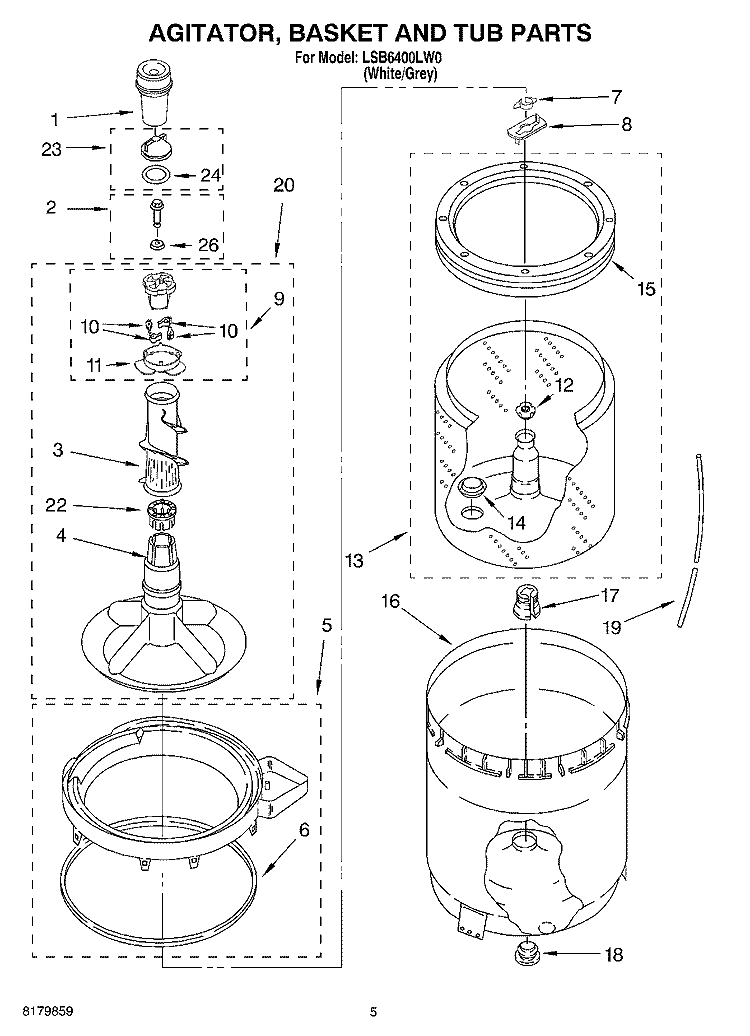 AGITATOR, BASKET AND TUB Diagram and Parts List for LSB6400LW0  Whirlpool Washer