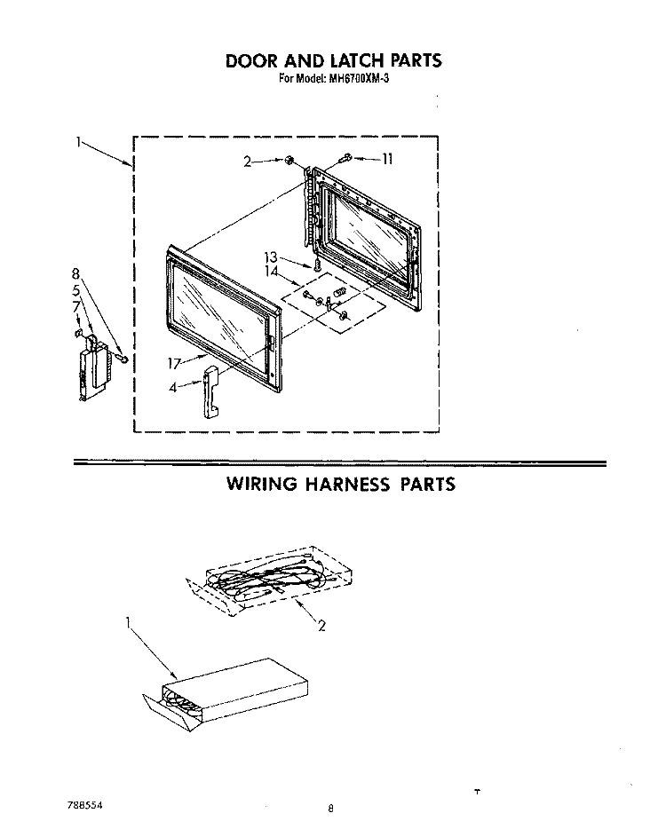 DOOR AND LATCH, WIRING HARNESS Diagram and Parts List for MH6700XM3  Whirlpool Microwave