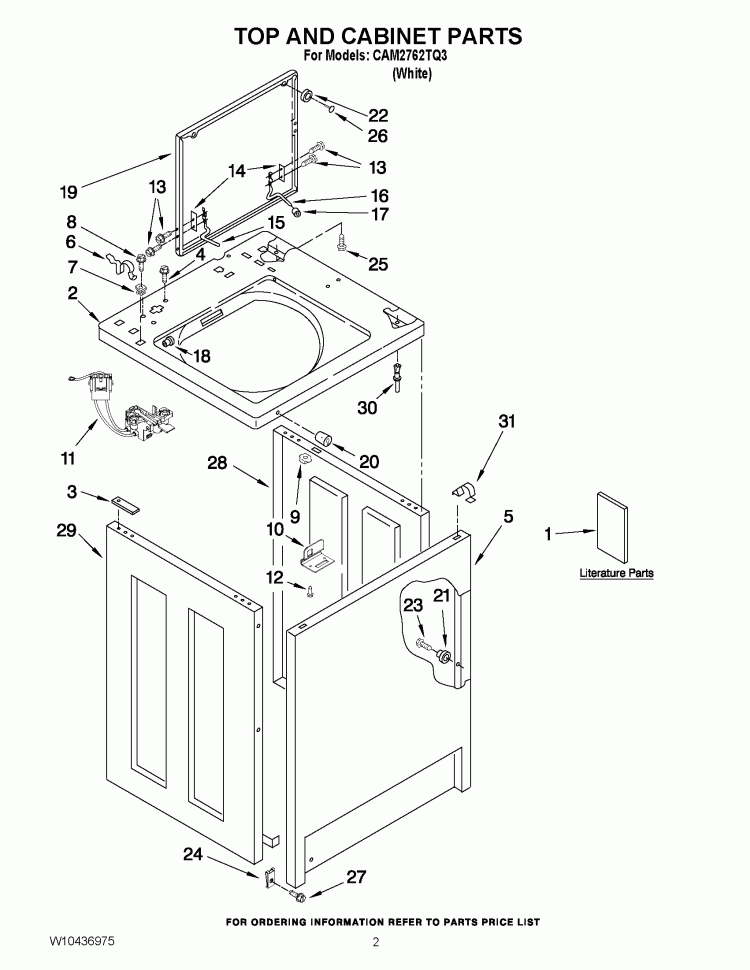 TOP AND CABINET PARTS Diagram and Parts List for CAM2762TQ3  Whirlpool Washer