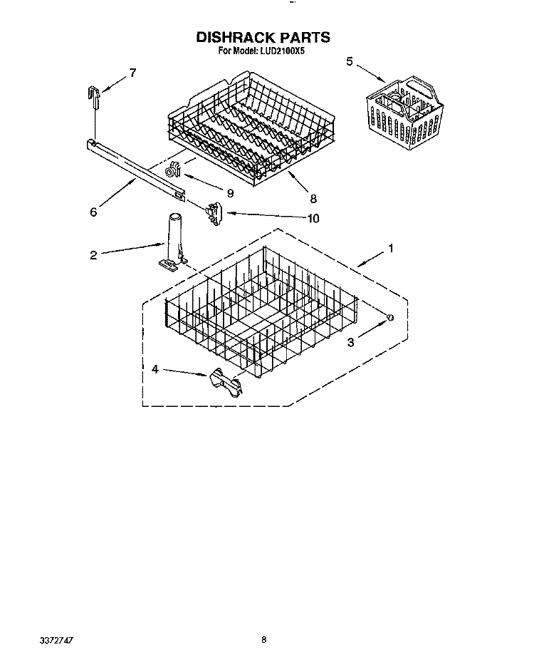 DISHRACK Diagram and Parts List for LUD2100X5  Whirlpool Dishwasher
