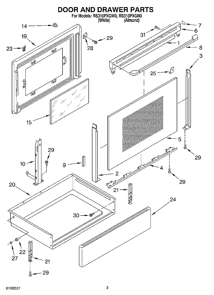 DOOR AND DRAWER Diagram and Parts List for RS310PXGN0  Whirlpool Range